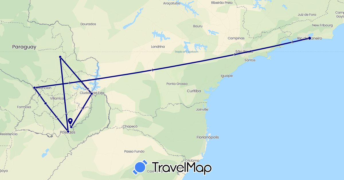 TravelMap itinerary: driving in Brazil, Paraguay (South America)